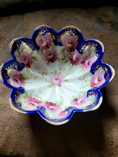 Gorgeous Antique Nippon Porcelain Moriage Footed Bowl Roses Cobalt Blue Gold Rim
