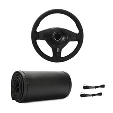 Genuine Leather Steering Wheel Cover, Stitch On Wrap for Steering Glossy Black