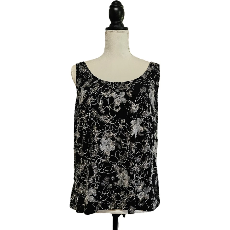 Alex Evenings 黑色银色闪光花卉夹克和背心套装尺寸 1X Glam Holiday — 第 4/4 张图片