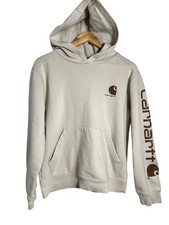 Carhartt Hoodie Youth Large 14-16 Cream Brown Logo Sleeve Graphic Sweatshirt