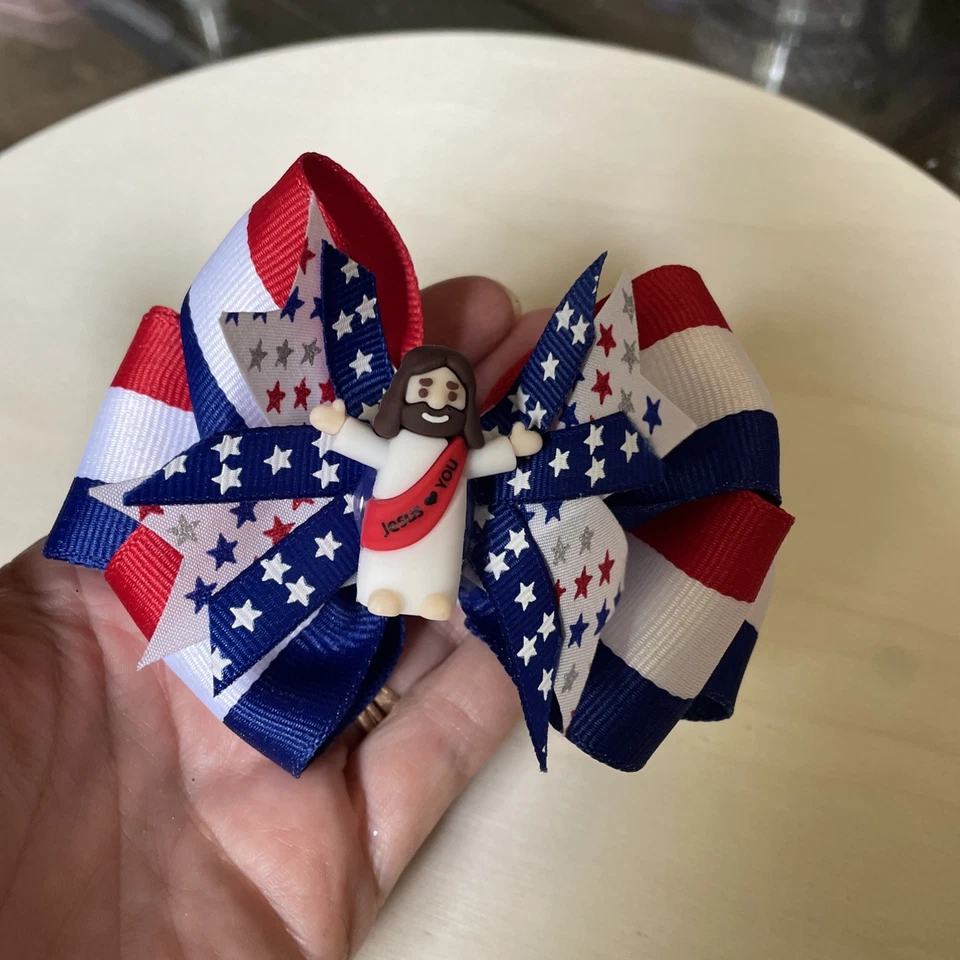Little Jesus, Red, White, And Blue Boutique Double Layered Hair Bow! America - Image 4 of 4