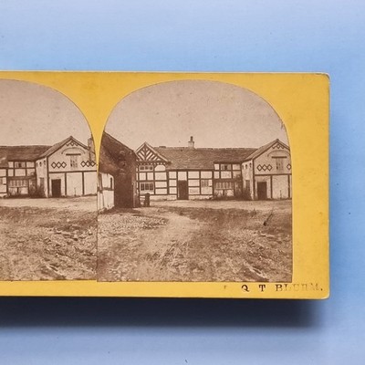 Stereoview Karte 3D Echtfoto um 1870 Cornwall ? Tudor Farm schwarz weiß Fachwerk