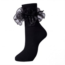 Socks for Women Big Ruffle Socks with Turn Cuff and Double Lace Black, 9-11 