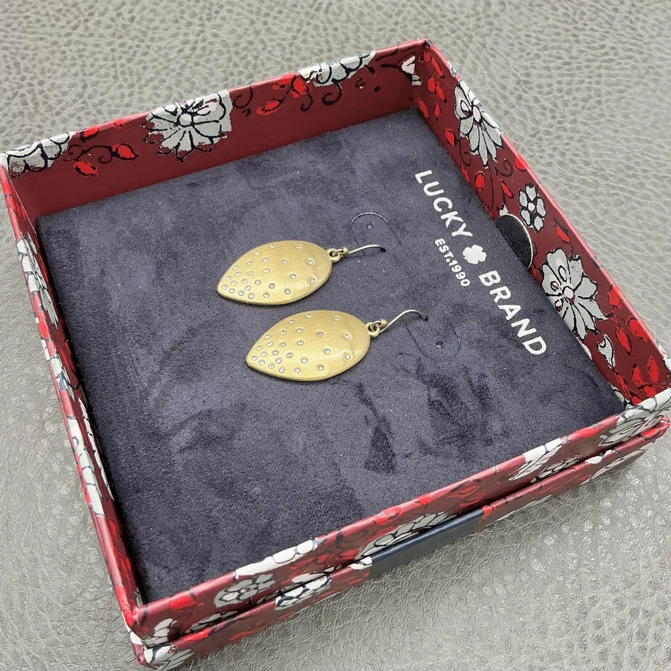 Lucky Brand Gold Tone Crystal Dangle Drop Earrings Teardrop Hook w/ Box Women's - Image 2 of 4