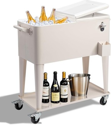80Quart Rolling Ice Chest,Portable Bar Drink Cooler w/Catch Basin,Bottom Storage