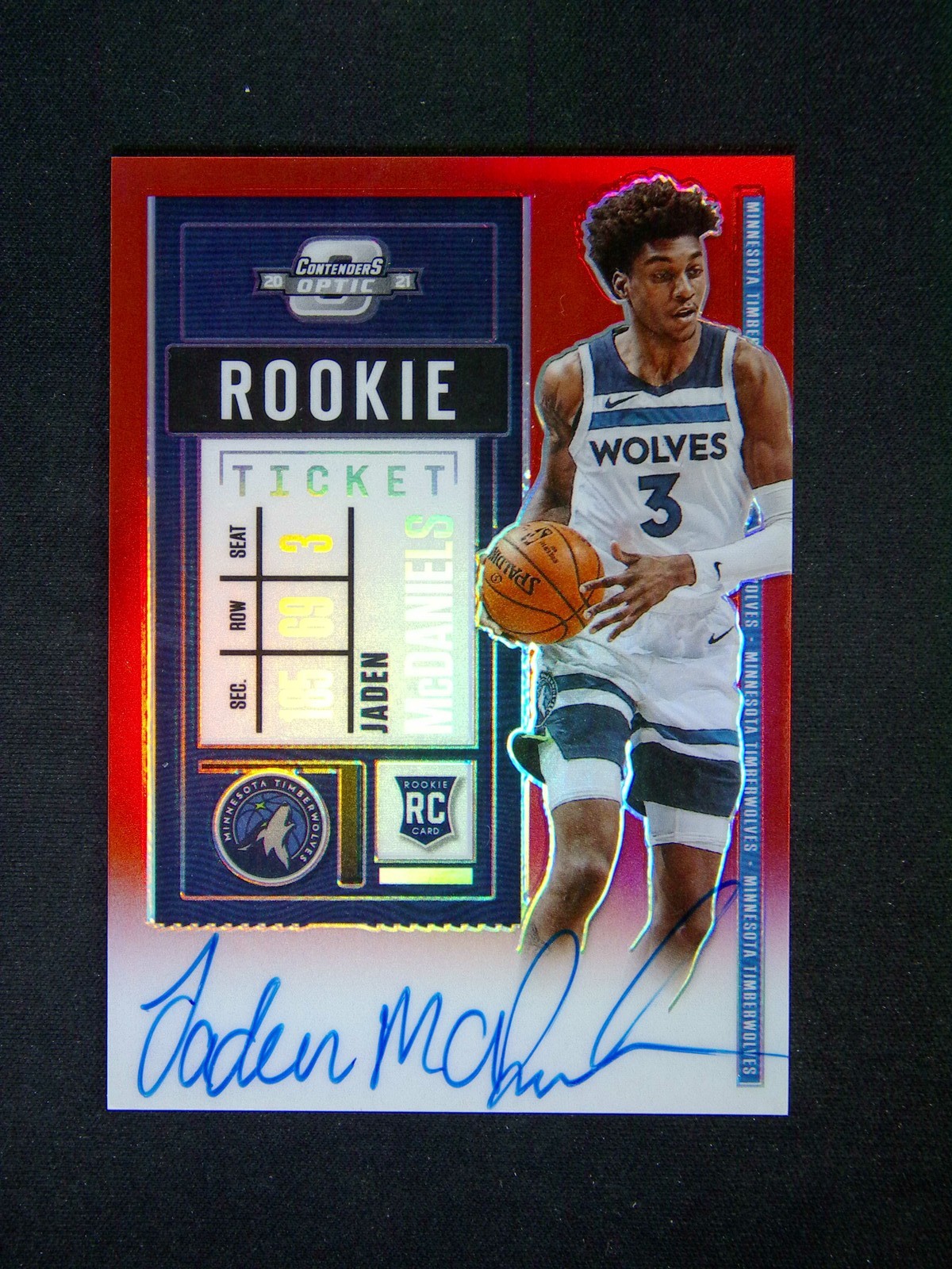 2020-21 Panini Contenders Optic Jaden Mcdaniels #101 RC Auto Red Ticket /149