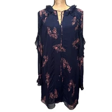 Derek Lam 10 Crosby Ikebana Shift Dress Navy Blue Floral Ruffle Sleeve Size 4