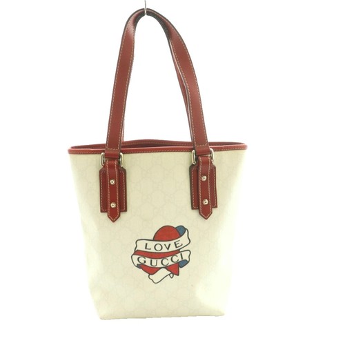 Gucci GG Canvas PVC Love Tote Bag Off-White Red Women's Pre-owned