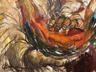 c1970s VINTAGE ORIGINAL OIL PAINTING ASIAN MAN HOLDING A ROOSTER — photo 6