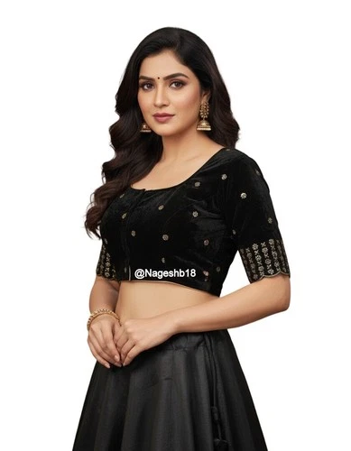 TRADITIONINDIA Women's Saree Blouse, Black Velvet Sari Blouse, Black Sari Top