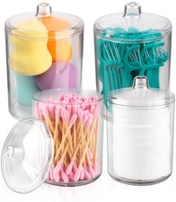 Qtip Holder Set, 4 Pack Clear Plastic Apothecary Jars with Lids   Cotton Swab...