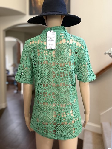 Zara Womens Crochet Knit Polo Top XS S Green Button Closure Cotton 2142/223 NWT - Picture 6 of 10