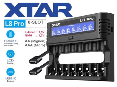 XTAR L8 Pro Ladegerät für AA / AAA 1,5V Li-Ion & 1,2V Ni-MH Akkus