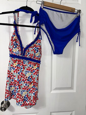 beachsissi Women  s 2PC Floral Halter Tankini  Bikini Bottom Blue/Multicolor XL
