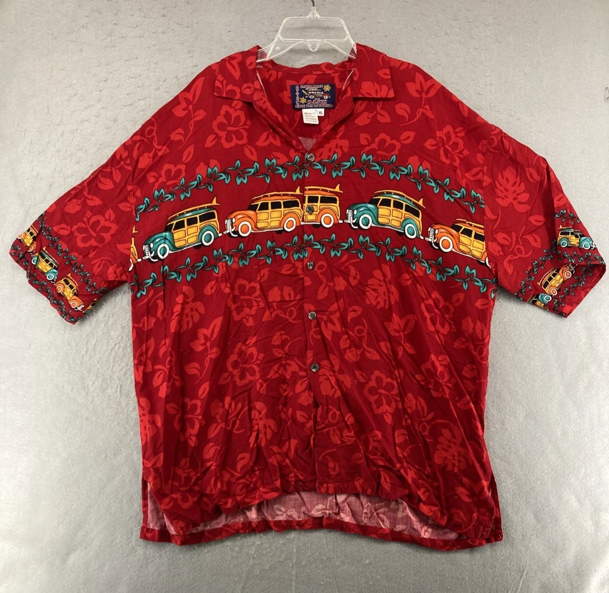 Basix Original Hawaiian Shirt Mens XL Red Floral Car Print