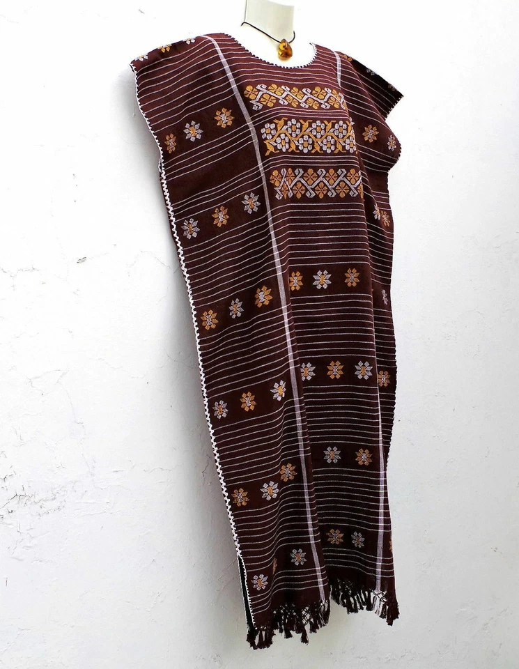 Vestido Mexicano Para Mujer Amuzgo Marrón Túnica Huipil Diseño Flores XL/XXL Foto 3 de 4