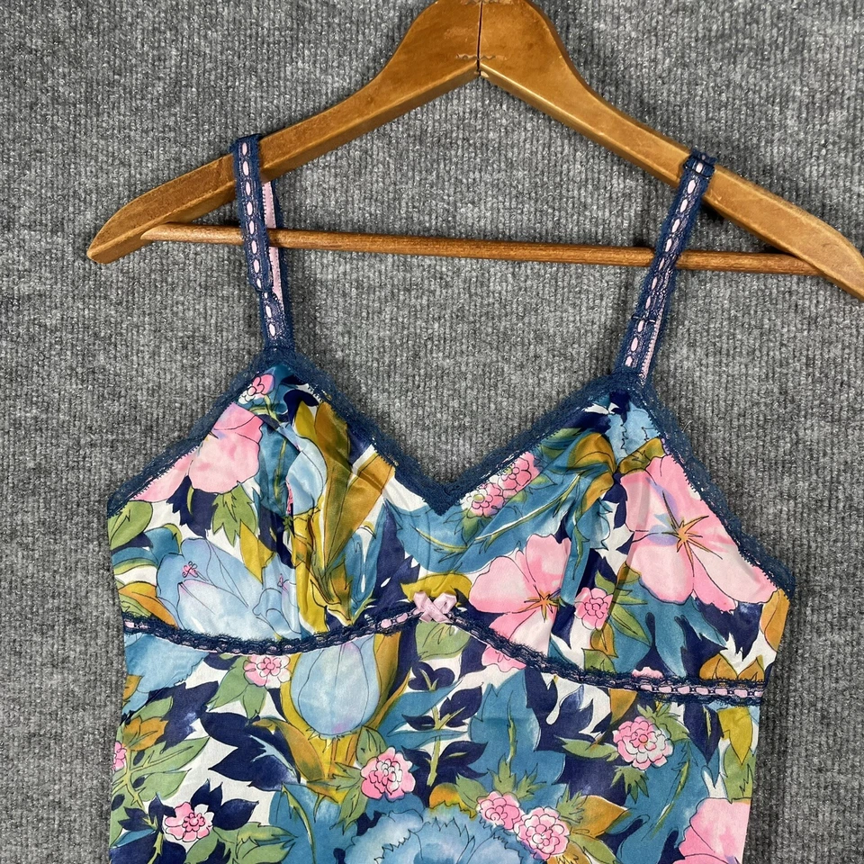VINTAGE 60s 70s Chemise Tank Top Pink Floral Lingerie Camisole Lace Psychedelic - Image 2 of 4