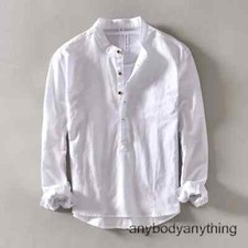 Mens Casual Cotton Linen Shirts Pullover Tops Long Sleeve Button Up Tops Shirt