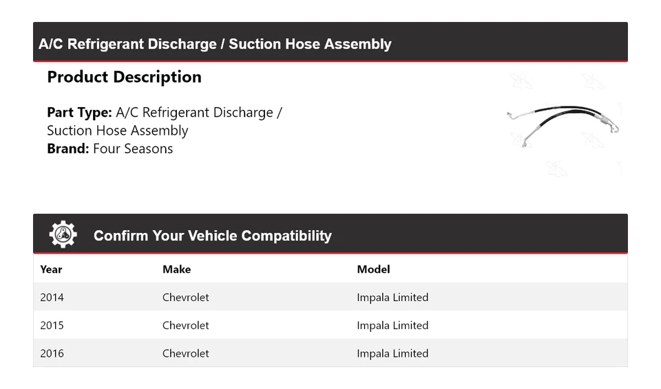 Conjunto de manguera de línea de descarga/succión limitada para Chevrolet Impala 2014-16 4 estaciones Foto 2 de 4