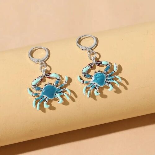 Unique Enamel Crab Blue Dangle Earrings Silver Plated Jewelry Women Fashion Gift - Picture 2 of 6