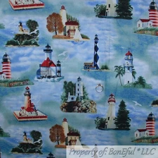 BonEful Fabric FQ Cotton Quilt VTG Lighthouse Scenic Beach Sea Ocean Blue Water