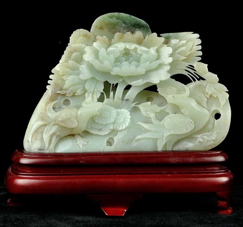 Estatua de flor de pájaro de jade nefrita hetiana natural escultura tallada de peonía fénix  Foto 2 de 4