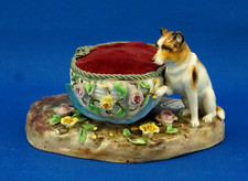 Ernst Bohne & Sohne Rudolstadt Pincushion with dog Porcelain 19th 1800 Germany