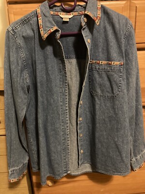Christopher Banks Womens Shirt Large Denim Blue Embroidered Trim Button Down