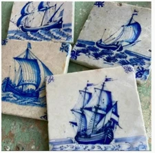 The Painted Lily,  "Antique Delft Tile Ships"  Tumbled Marble Coasters, Set of 4