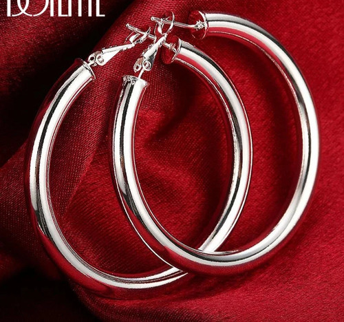 925 Sterling Solid Silver 50mm Round Smooth Big Hoop Earrings Women Jewelry