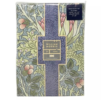 WILLIAM MORRIS England QUEEN 3PC Cotton Percale Duvet Cover Set Artichoke Summer