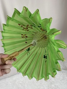 Chinese Umbrella Sun Umbrella Traditional Painting Green Floral Wood Hand