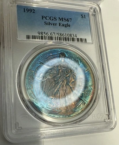 1992 American Silver Eagle PCGS MS67🌈 MONSTER RAINBOW TONER😱