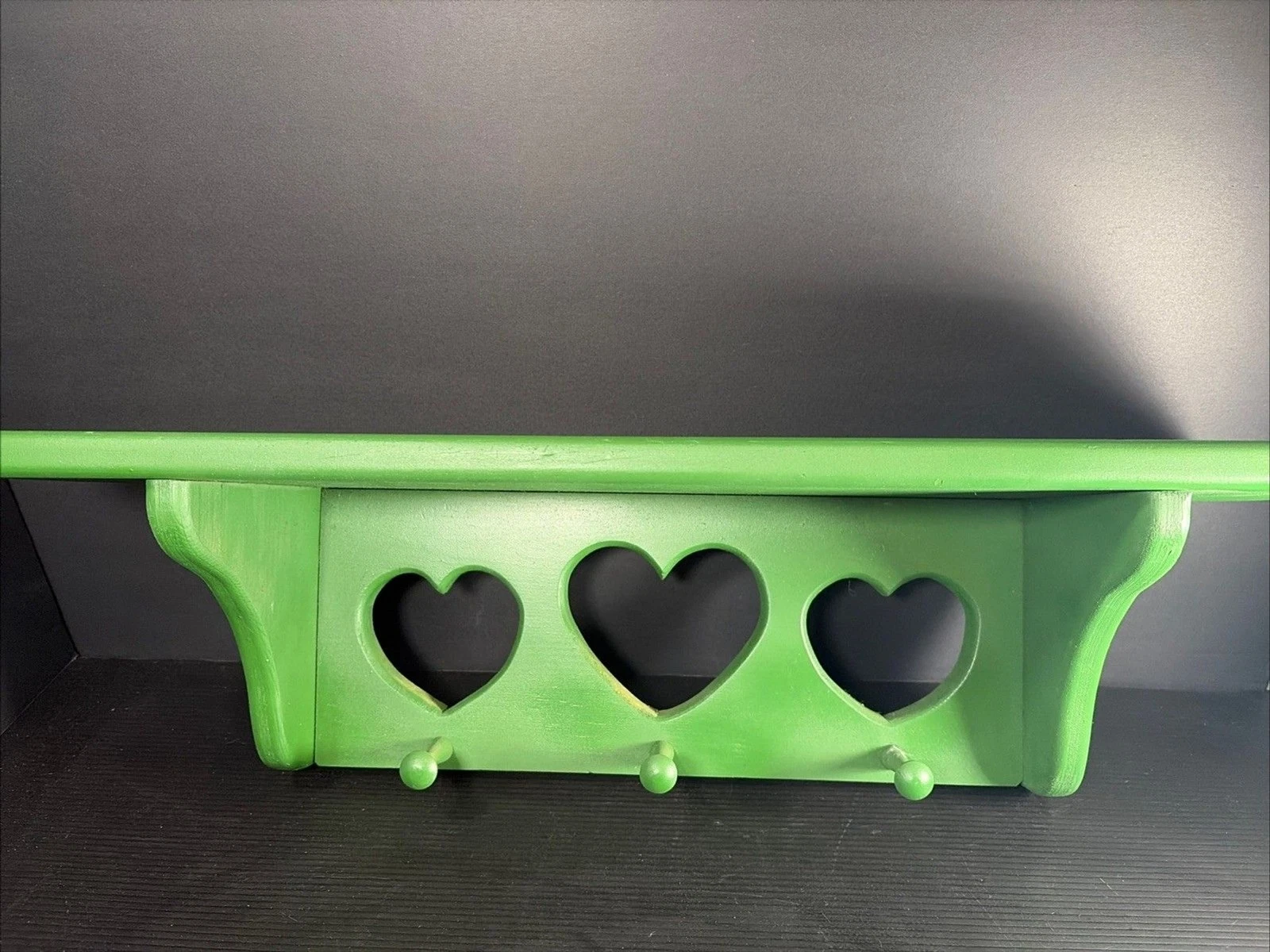 Vintage 24” Wood Wall Shelf Heart Cutout 3 Peg Cottagecore Country Primitive