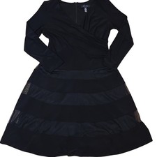 R&M Richards Black Long Sleeve Formal Cocktail Wrap Dress Stripe V-Neck Size 6