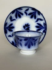 Antique TULIP AND SPRIG Flow Blue Handless Cup And Tea Bowl Saucer. Flawless