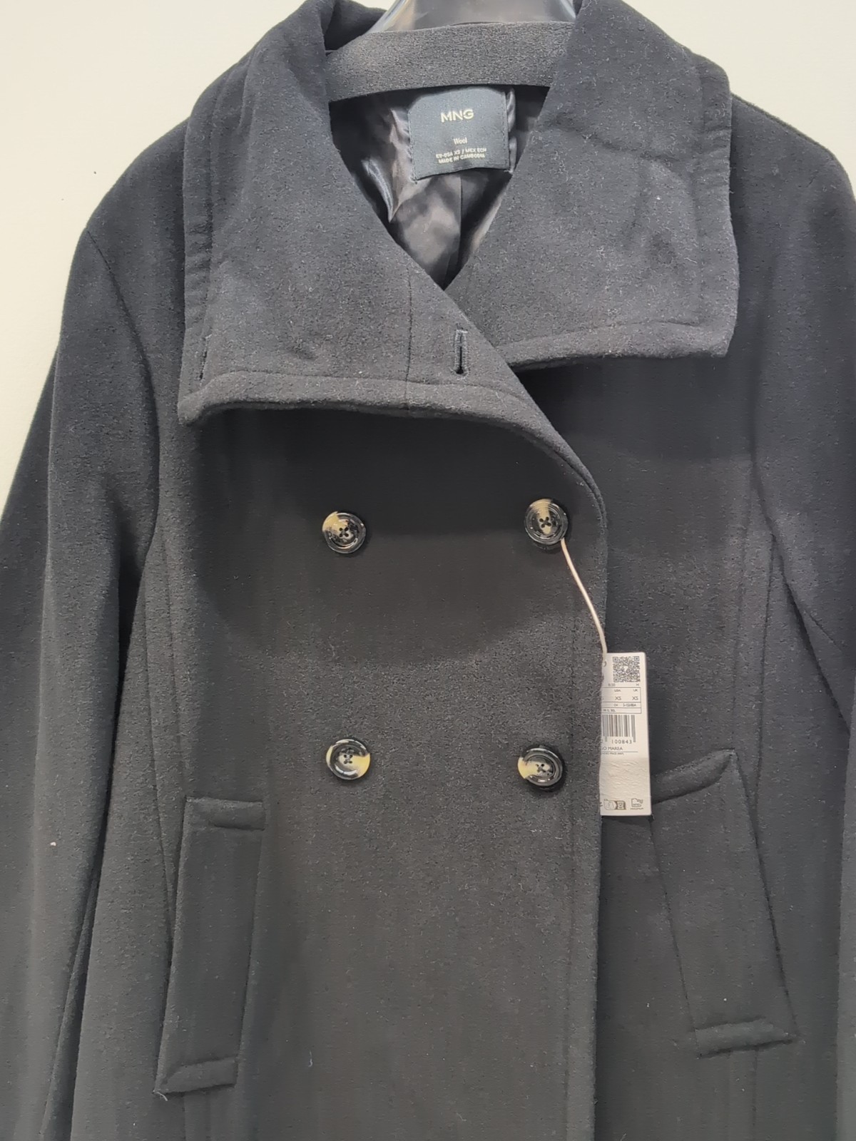 Mango Lapels V Neck Collar Long Sleeve Women's Wool Blend Coat XS Black thumbnail 3