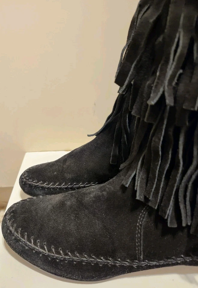 Винтажный новом Y2K Juicy Couture черная замша бахрома жесткая подошва мокасины ботинки Sz.7  - Изображение 3 из 4