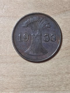 Germany 1 Reichspfennig coin 1933 A. KM# 37 bronze. Wheat sheaf. Berlin mint.