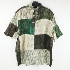 Fendi FF Patch Button-Up Linen Shirt In Pecan And Jungle - Men's Size EU 42