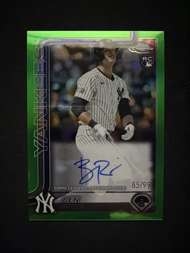 Ben Rice 2025 Topps Chrome Rookie On Card Auto True Green 85/99 Bookend Yankees