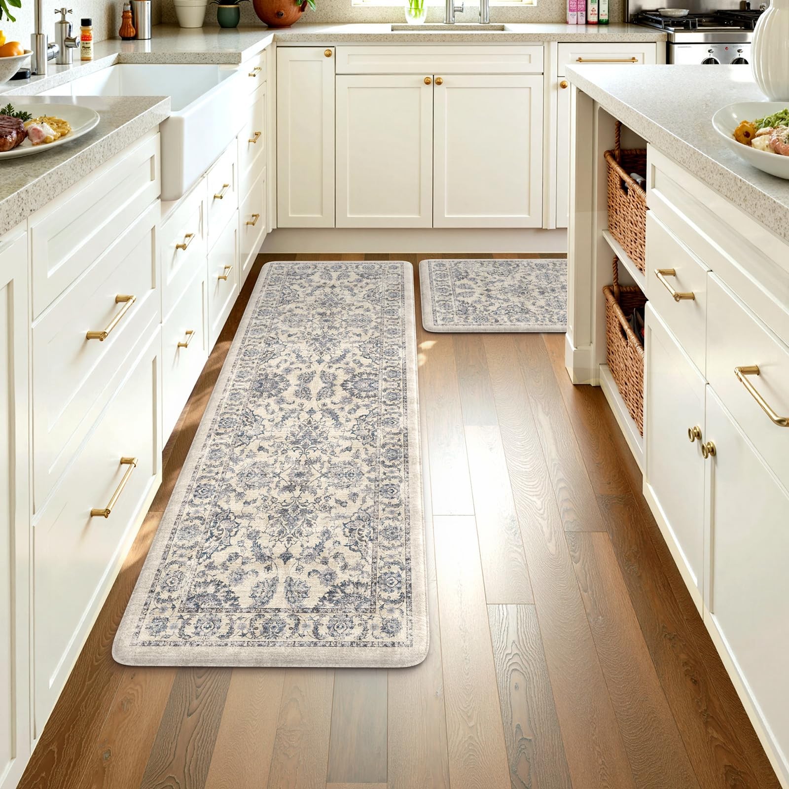 Boho Floral Kitchen Rug Set - 2-Piece Cushioned Anti-Fatigue Floor Mats