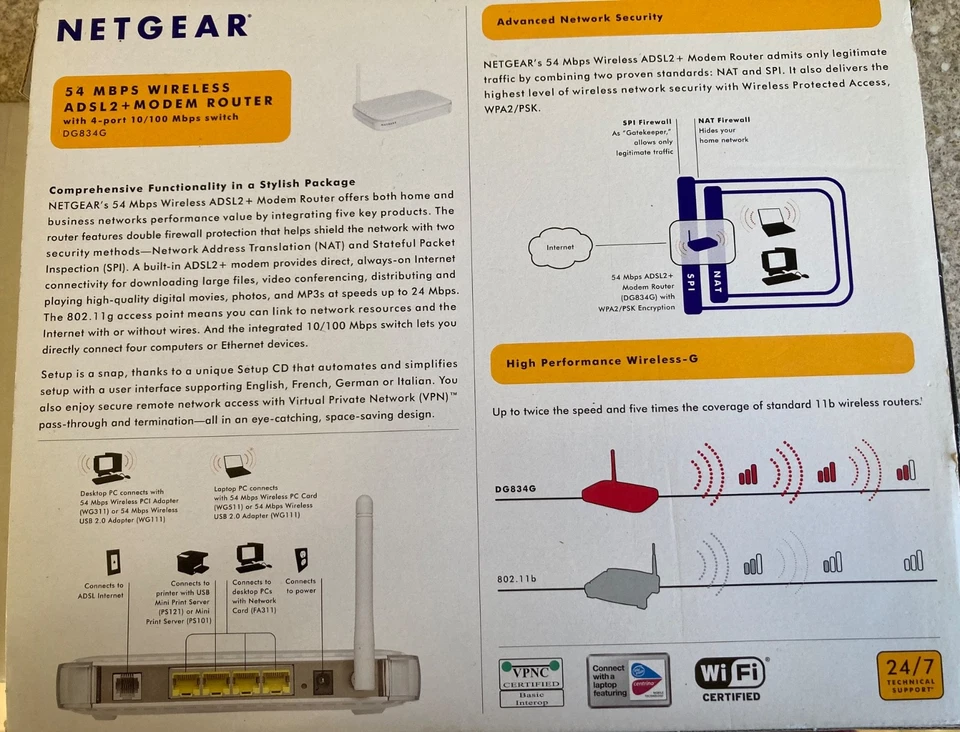 Netgear DG834 Wireless ADSL2+ Modem router. White.Double firewall, 802.11g - Image 2 of 4
