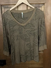 Cubism Womens Large 3/4 Top Art to Wear Semi Sheer Design Texture Lagenlook