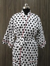 Indian Cotton Hand Block Black Polka Dot Women's Kimono Robe Night Dress Gown US
