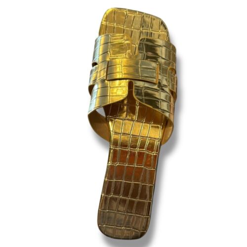 Gold H metallic Slide Sandals Crocodile Embossed Slip On Summer Shoes Size 9 - Picture 13 of 16