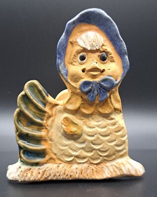 Vtg 1970s Max Hindt Pottery Hen Figurine Bonnet Signed Clay Sculpture Decor 70s