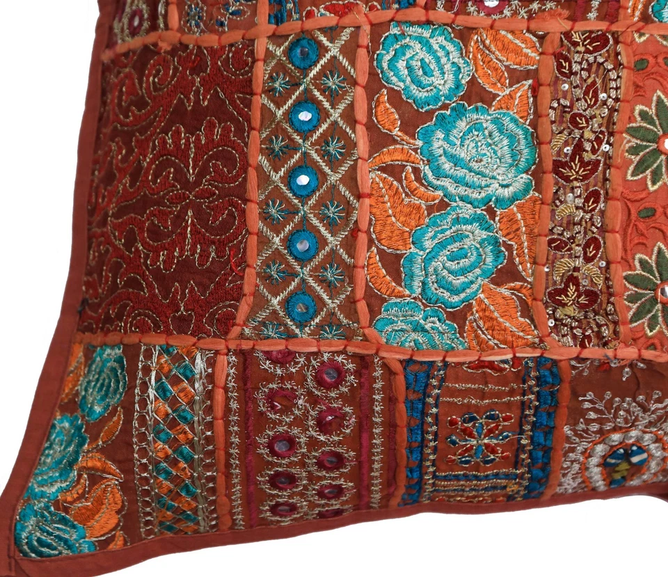 24" Khambadia Indian Embroidered Cushion Cover Patchwork Pillow Sham Throw Brown - Image 3 of 4