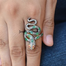 Emerald Gemstone Snake Ring Solid 925 Silver Pave Diamond Jewelry For Gift