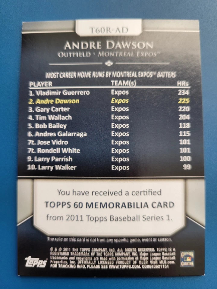 Andre Dawson 2011 TOPPS 60 GAME-USED JSY #T60R-AD MONTREAL EXPOS! - Image 2 of 2